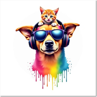 Cool dog with headphones and a cute cat on his head for both cat and dog lovers Posters and Art